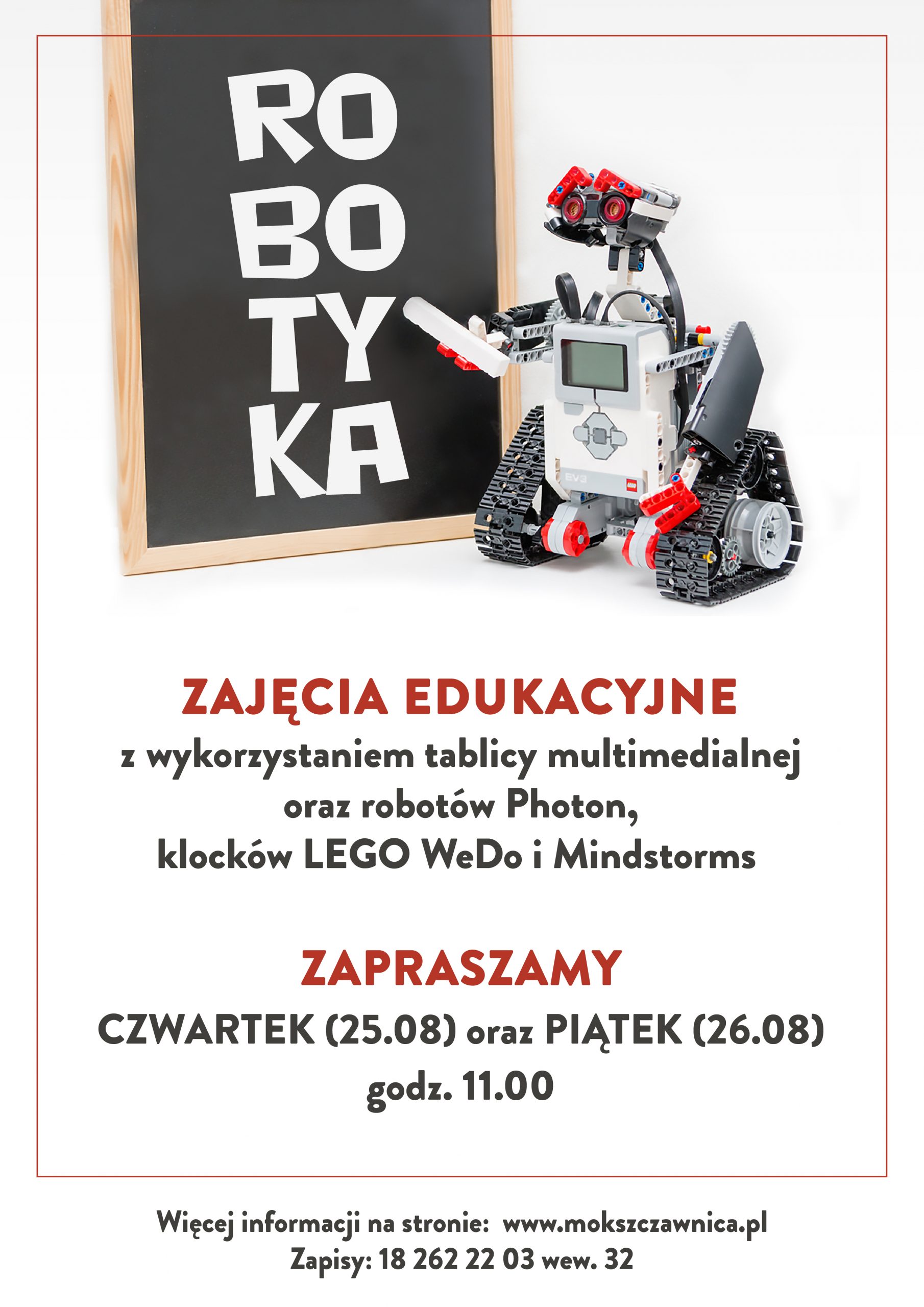 Plakat informujący o terminach wakacyjnych zajęć z robotyki