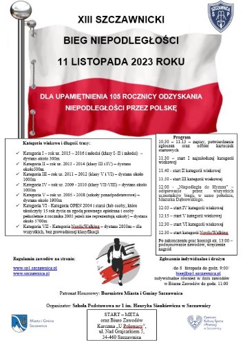 Plakat informacyjny dotyczący XIII Szczawnickiego Biegu Niepodległości